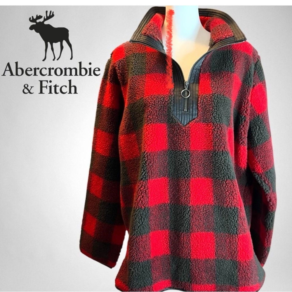 Abercrombie & Fitch Red Black Plaid Zip-Up Sweater | Cozy Fall Flannel Style Jac - Picture 7 of 7